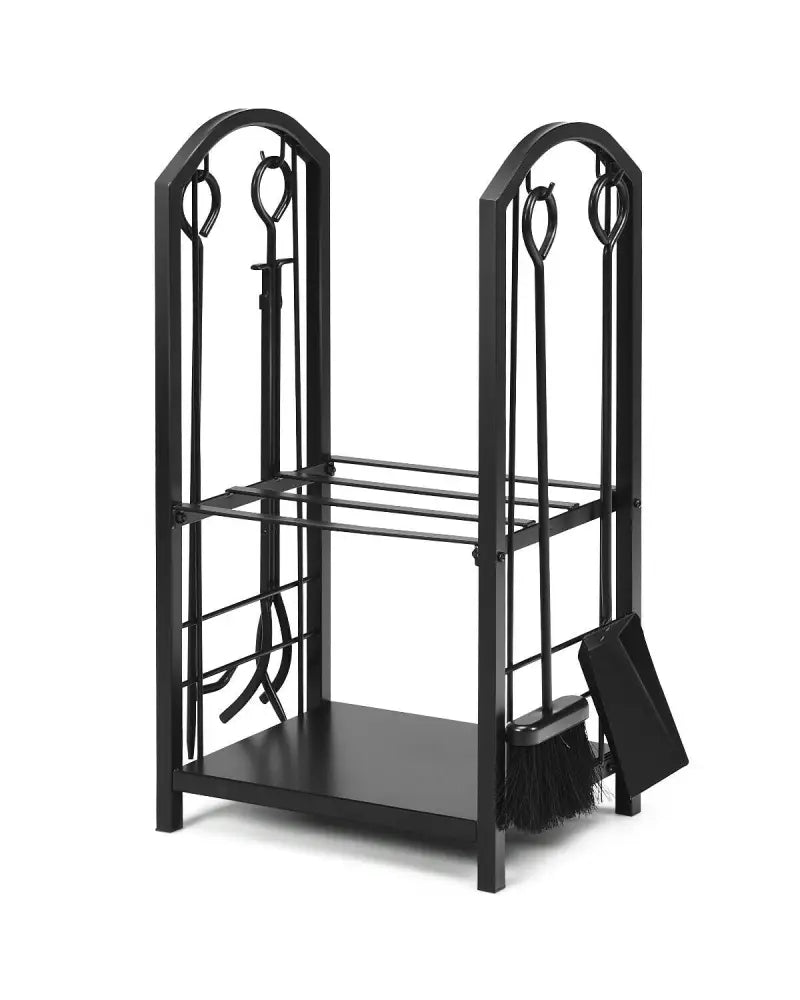 Fireplace Log Rack with 4 Tools Set Fireside Firewood Holder - Black - Log Storage