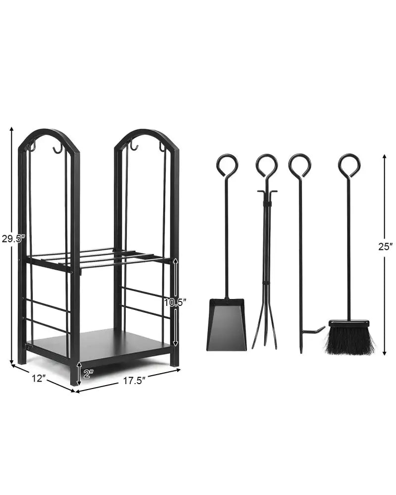Fireplace Log Rack with 4 Tools Set Fireside Firewood Holder - Black - Log Storage