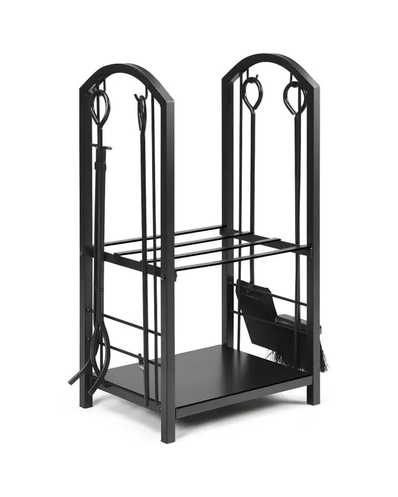 Fireplace Log Rack with 4 Tools Set Fireside Firewood Holder - Black - Log Storage