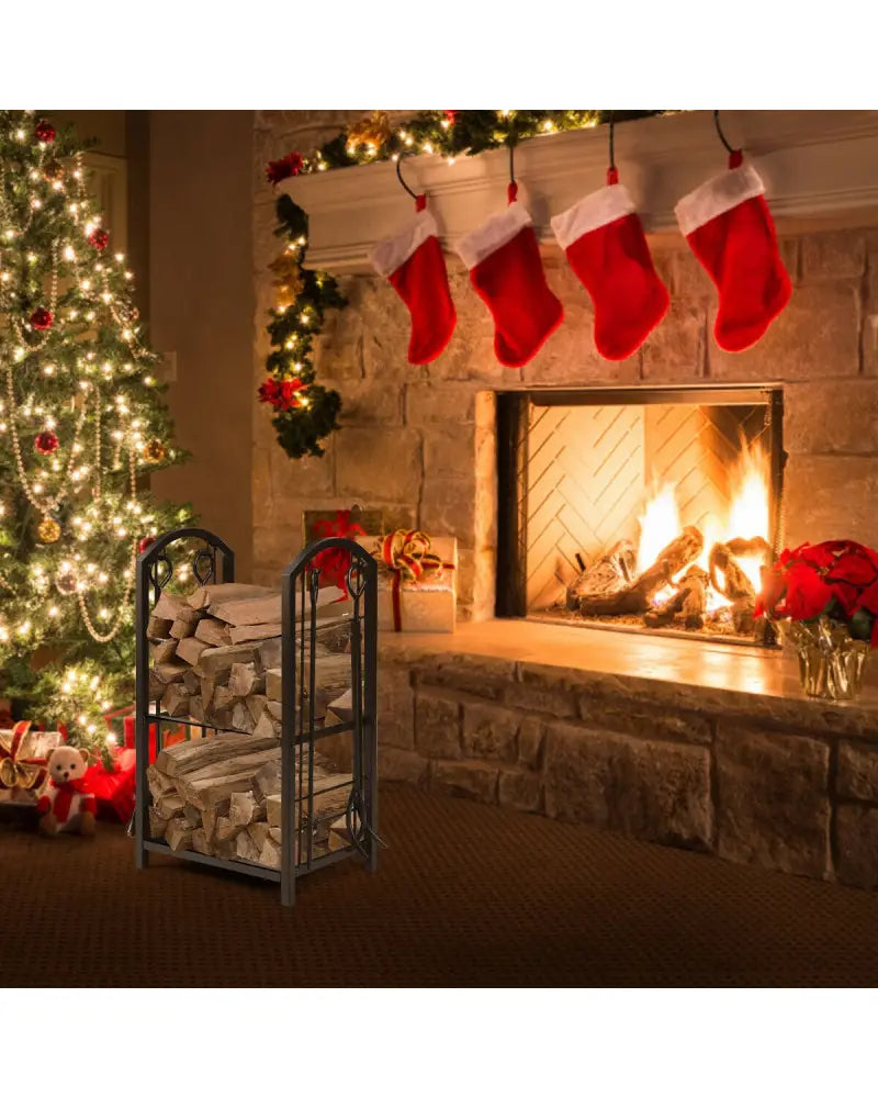 Fireplace Log Rack with 4 Tools Set Fireside Firewood Holder - Black - Log Storage