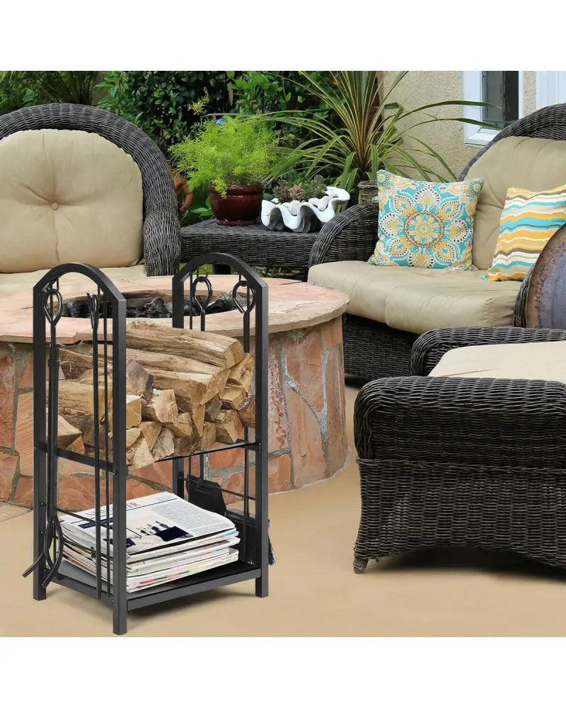 Fireplace Log Rack with 4 Tools Set Fireside Firewood Holder - Black - Log Storage