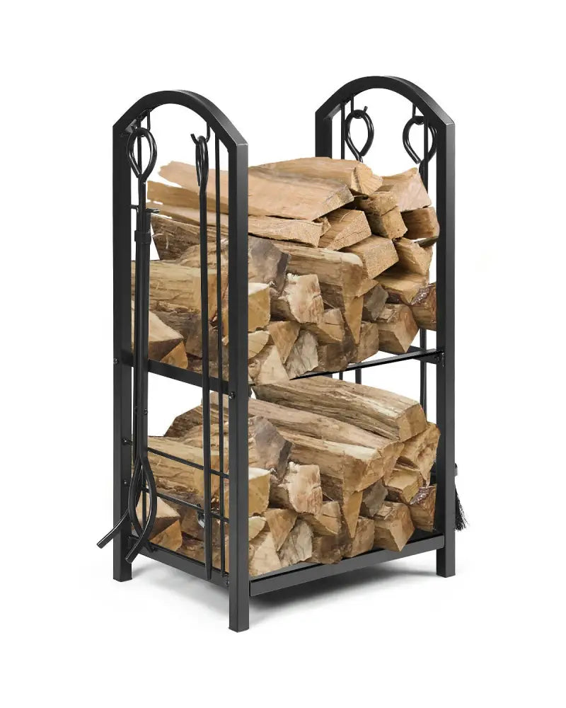 Fireplace Log Rack with 4 Tools Set Fireside Firewood Holder - Black - Log Storage