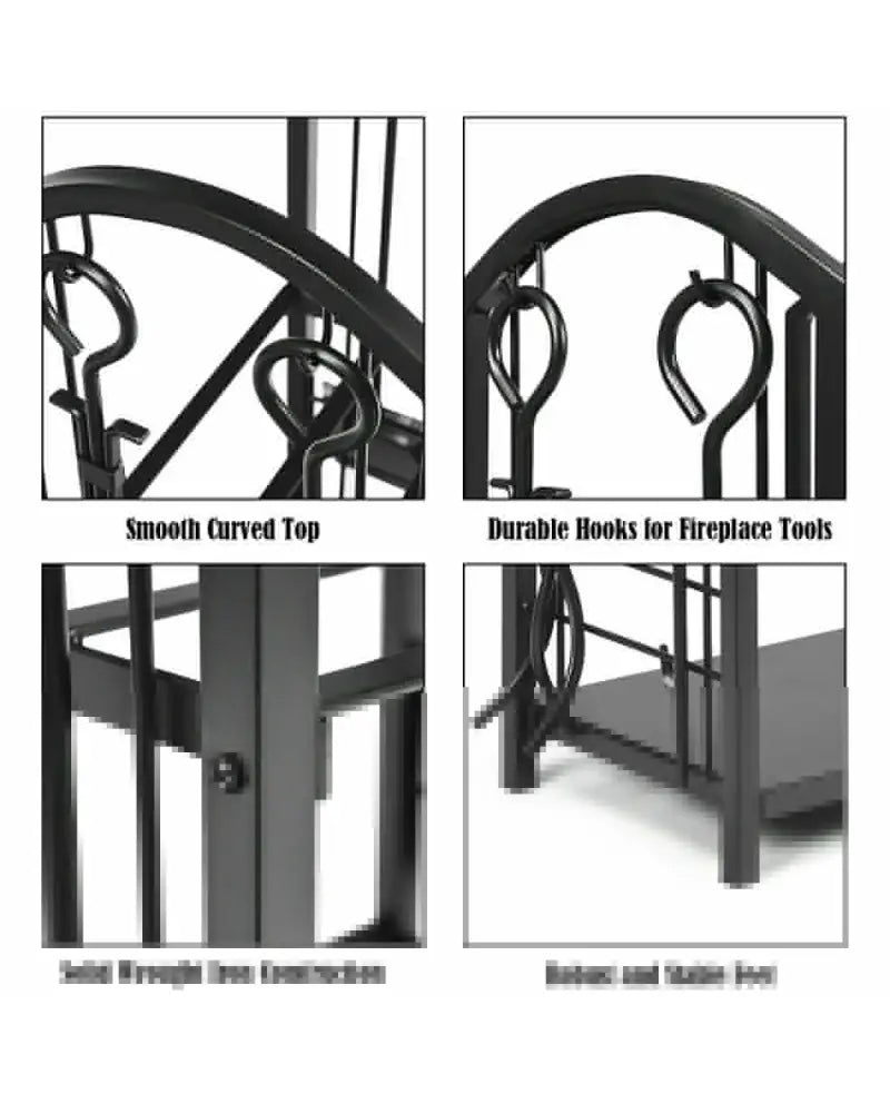 Fireplace Log Rack with 4 Tools Set Fireside Firewood Holder - Black - Log Storage