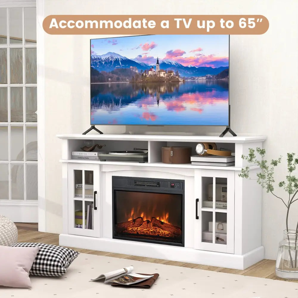 Fireplace TV Stand for TVs Up to 65 Inch with Side Cabinets and Remote Control-White - White - Entertainment Centers &