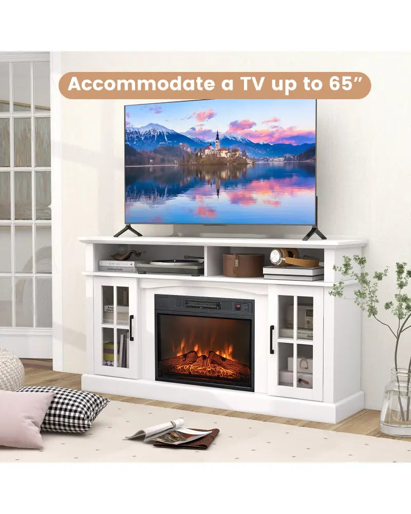 Fireplace TV Stand for TVs Up to 65 Inch with Side Cabinets and Remote Control-White - White - Entertainment Centers &
