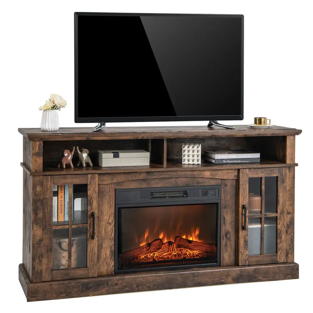 Fireplace TV Stand for TVs Up to 65 Inch with Side Cabinets and Remote Control-Brown - Brown - Entertainment Centers &