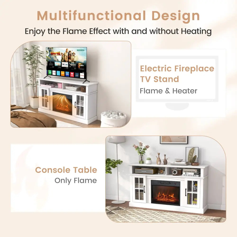 Fireplace TV Stand for TVs Up to 65 Inch with Side Cabinets and Remote Control-White - White - Entertainment Centers &