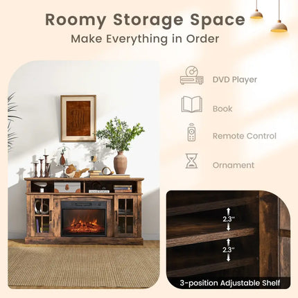 Fireplace TV Stand for TVs Up to 65 Inch with Side Cabinets and Remote Control-Brown - Brown - Living Room