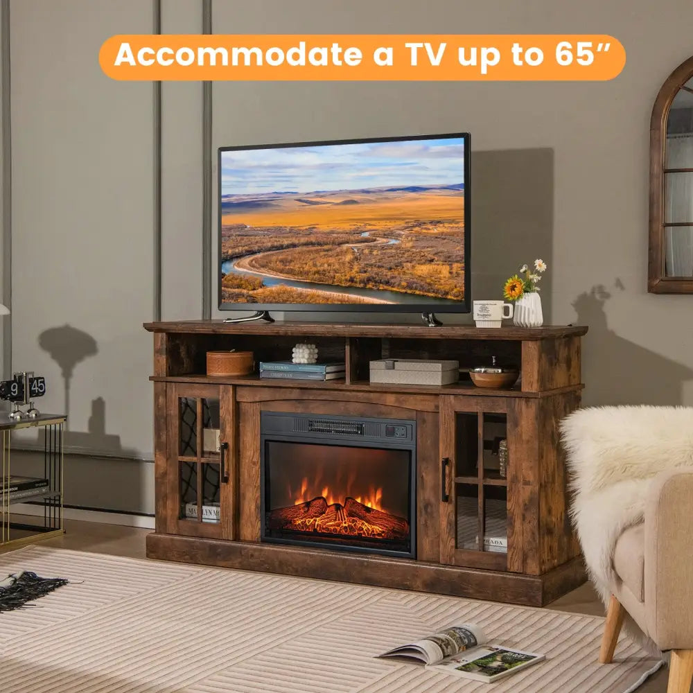 Fireplace TV Stand for TVs Up to 65 Inch with Side Cabinets and Remote Control-Brown - Brown - Entertainment Centers &