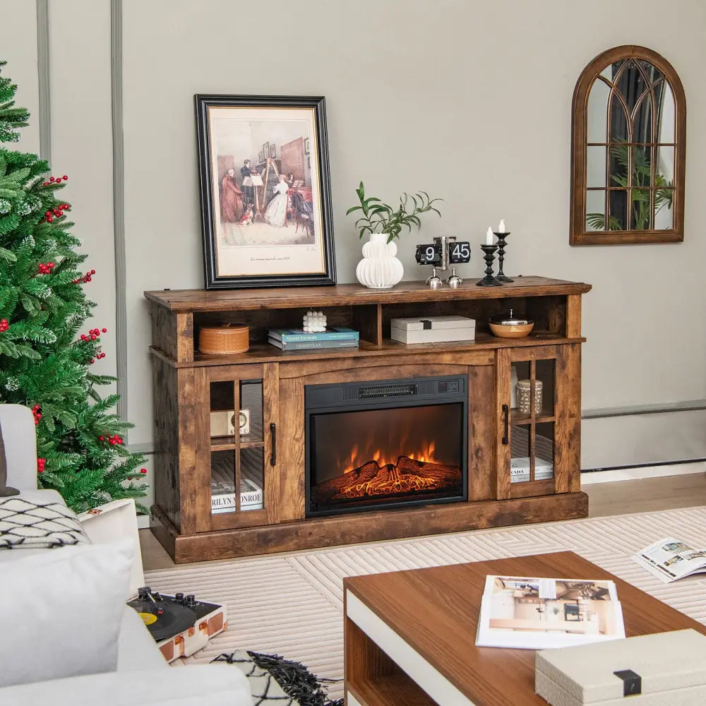 Fireplace TV Stand for TVs Up to 65 Inch with Side Cabinets and Remote Control-Brown - Brown - Entertainment Centers &