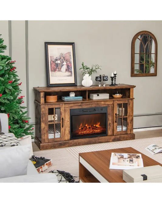 Fireplace TV Stand for TVs Up to 65 Inch with Side Cabinets and Remote Control-Brown - Brown - Entertainment Centers &