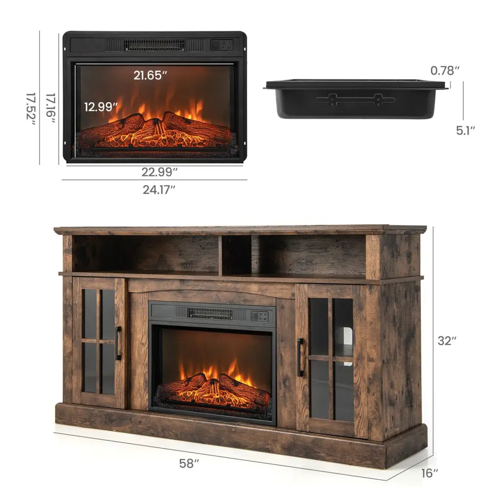 Fireplace TV Stand for TVs Up to 65 Inch with Side Cabinets and Remote Control-Brown - Brown - Entertainment Centers &