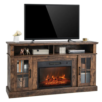 Fireplace TV Stand for TVs Up to 65 Inch with Side Cabinets and Remote Control-Brown - Brown - Living Room