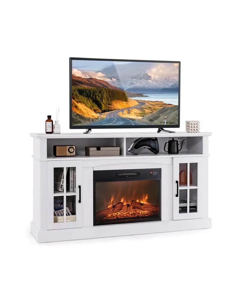 Fireplace TV Stand for TVs Up to 65 Inch with Side Cabinets and Remote Control-White - White - Entertainment Centers &