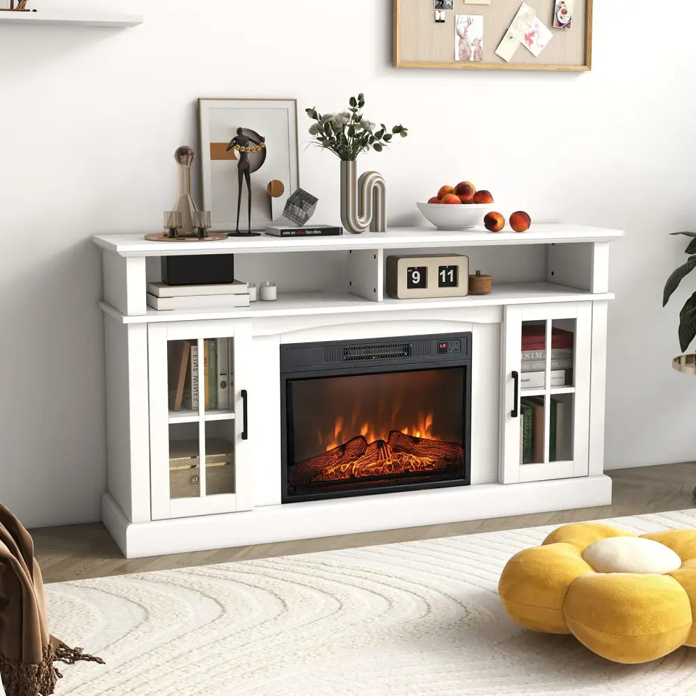 Fireplace TV Stand for TVs Up to 65 Inch with Side Cabinets and Remote Control-White - White - Entertainment Centers &
