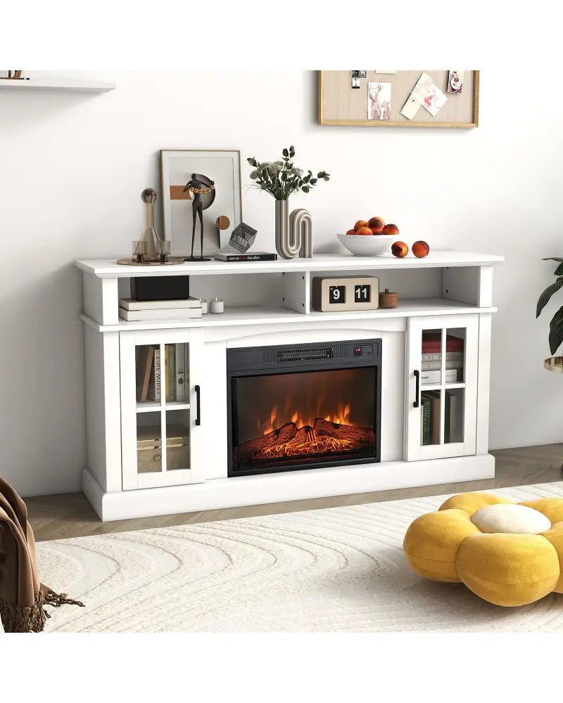Fireplace TV Stand for TVs Up to 65 Inch with Side Cabinets and Remote Control-White - White - Entertainment Centers &