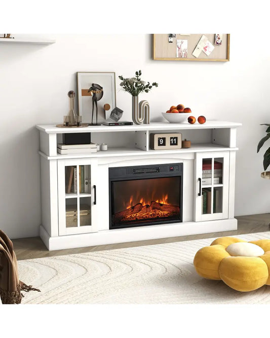 Fireplace TV Stand for TVs Up to 65 Inch with Side Cabinets and Remote Control-White - White - Entertainment Centers &