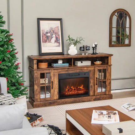 Fireplace TV Stand for TVs Up to 65 Inch with Side Cabinets and Remote Control-Brown - Brown - Living Room