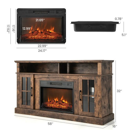 Fireplace TV Stand for TVs Up to 65 Inch with Side Cabinets and Remote Control-Brown - Brown - Living Room