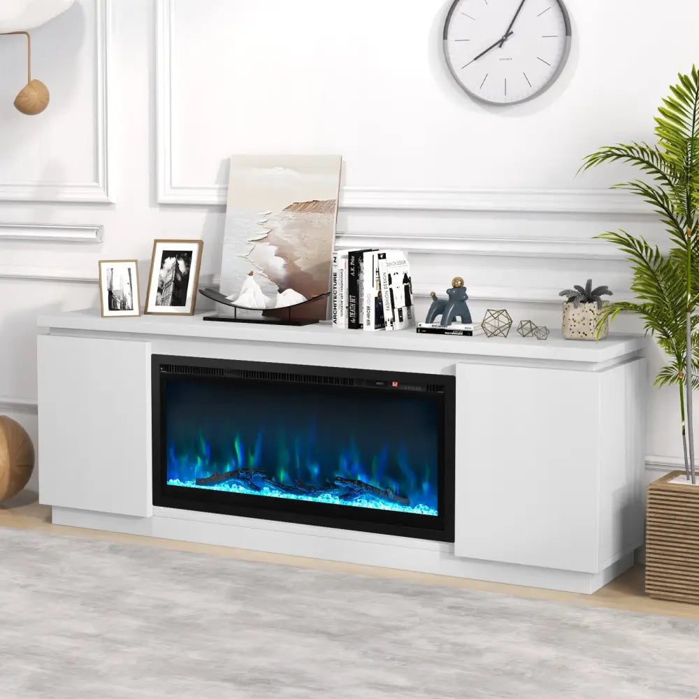 Fireplace TV Stand for TVs up to 80 Inch with 3 Adjustable Shelves-White - White - Entertainment Centers & TV Stands