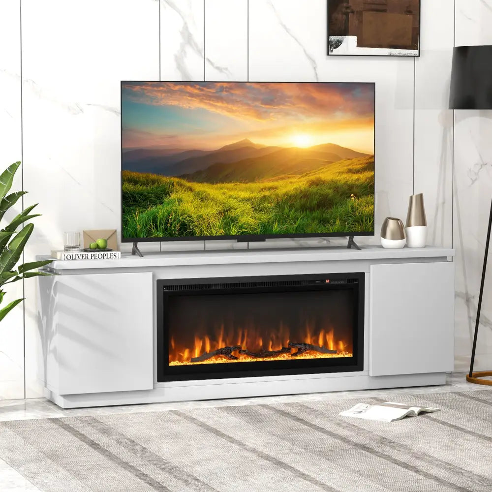 Fireplace TV Stand for TVs up to 80 Inch with 3 Adjustable Shelves-White - White - Entertainment Centers & TV Stands