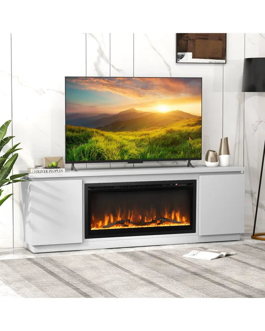 Fireplace TV Stand for TVs up to 80 Inch with 3 Adjustable Shelves-White - White - Entertainment Centers & TV Stands