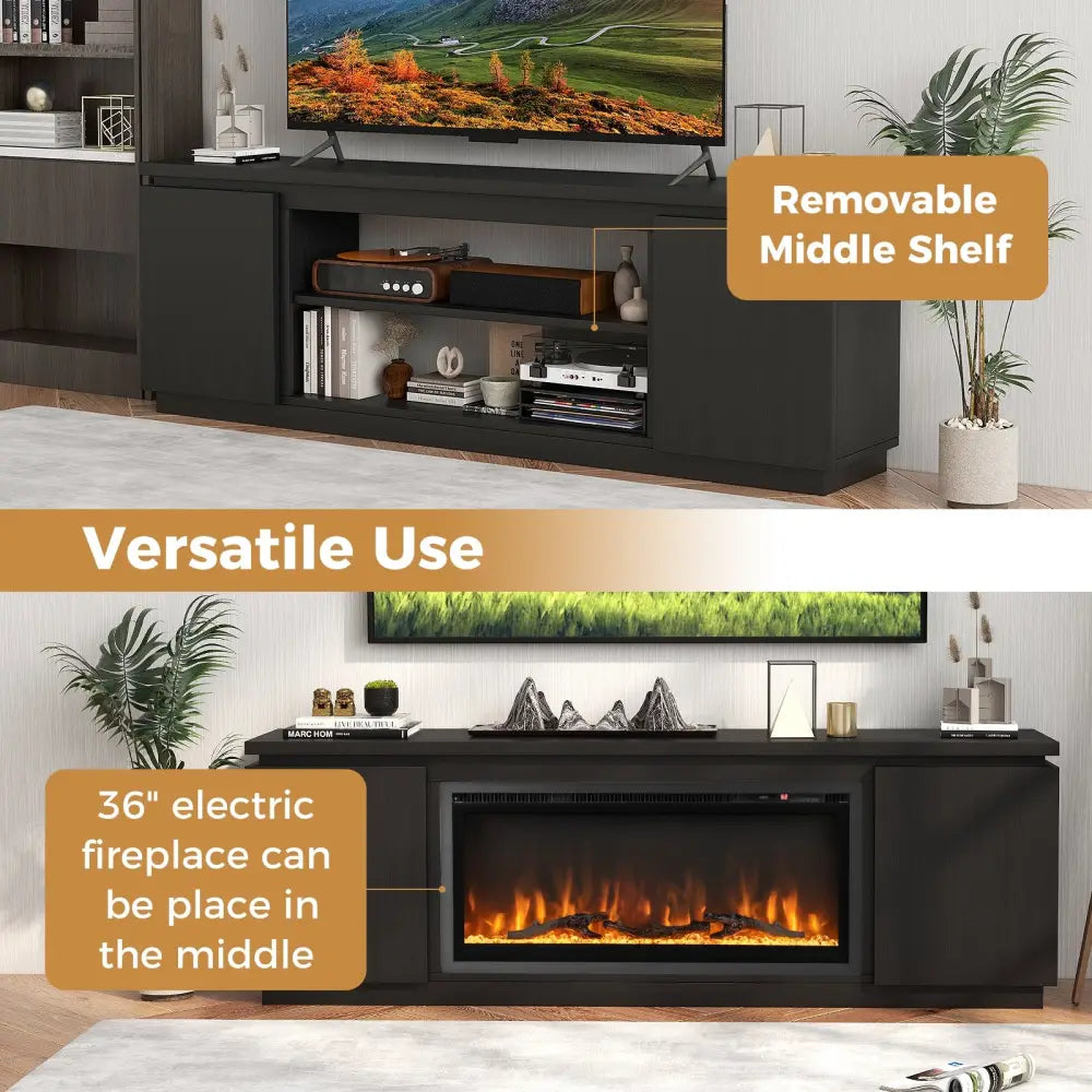 Fireplace TV Stand for TVs up to 80 Inch with 3 Adjustable Shelves-Black - Black - Entertainment Centers & TV Stands