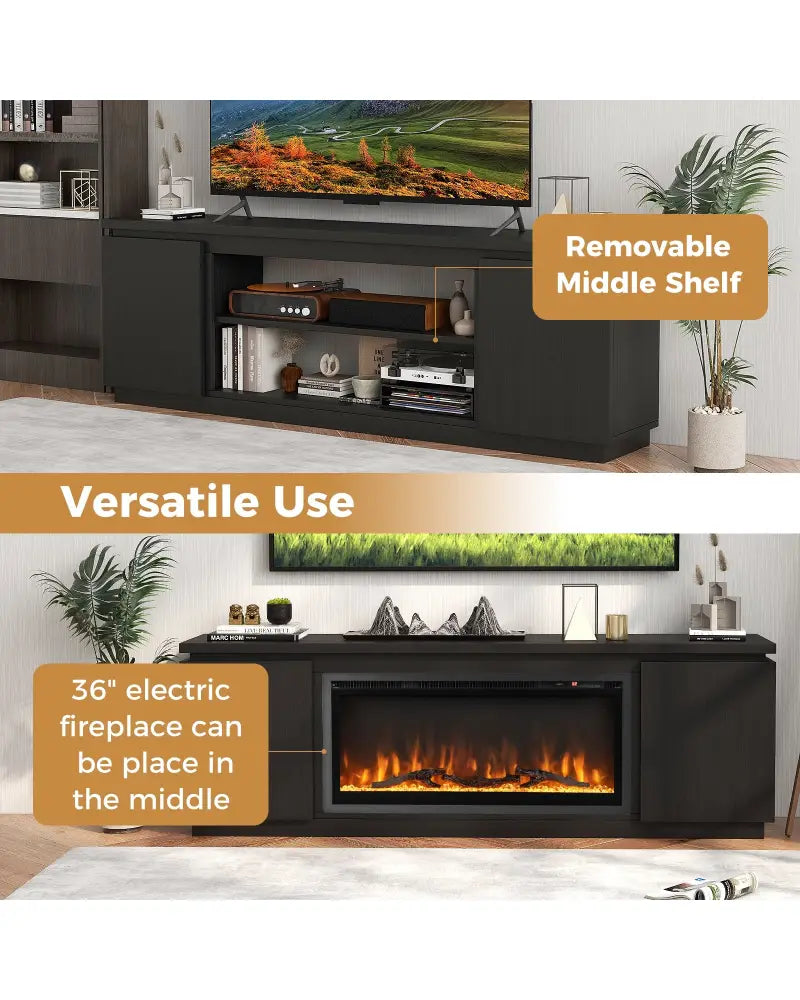 Fireplace TV Stand for TVs up to 80 Inch with 3 Adjustable Shelves-Black - Black - Entertainment Centers & TV Stands