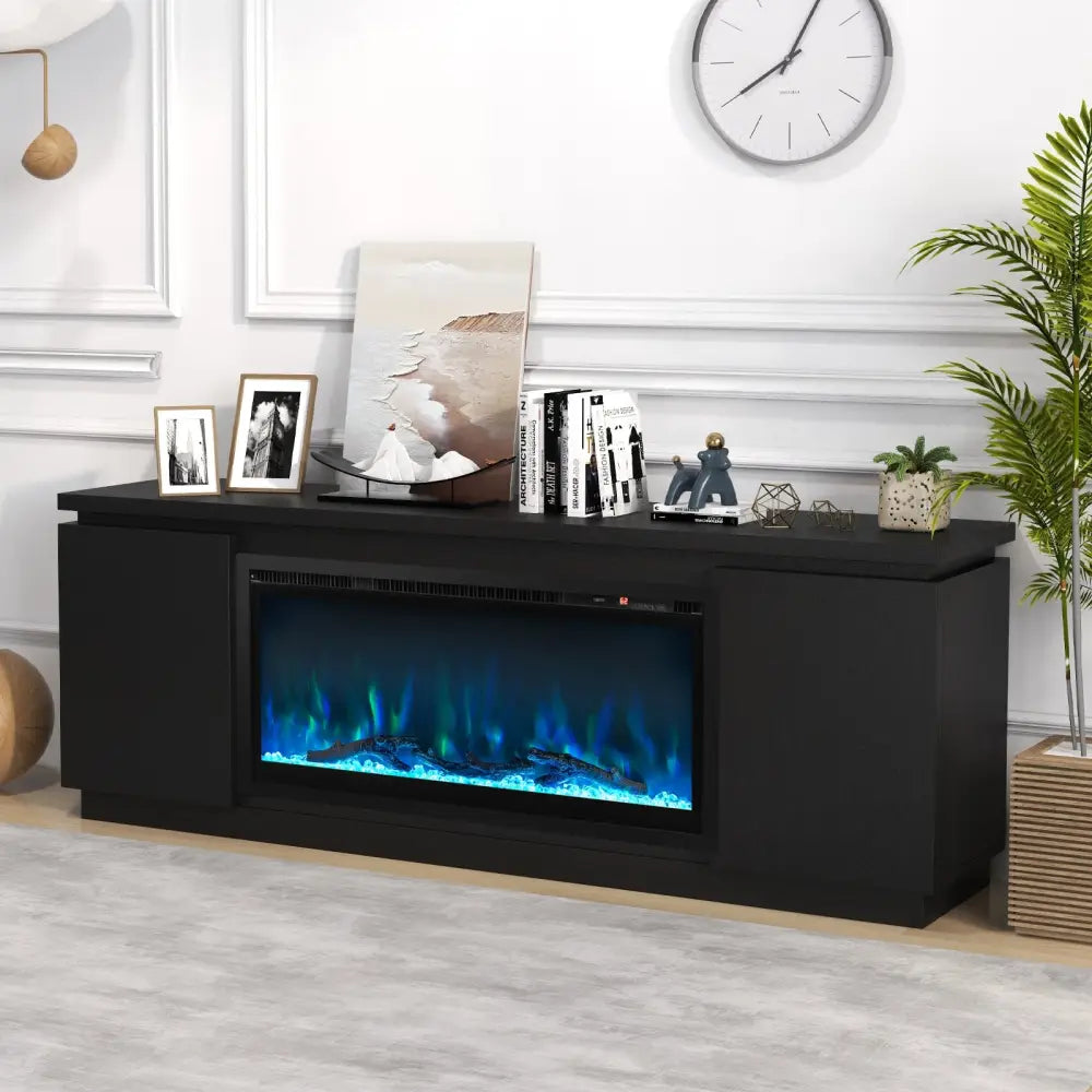 Fireplace TV Stand for TVs up to 80 Inch with 3 Adjustable Shelves-Black - Black - Entertainment Centers & TV Stands
