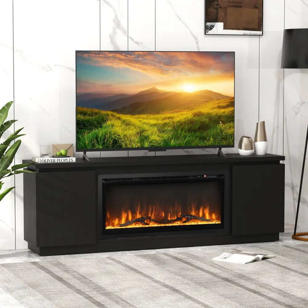 Fireplace TV Stand for TVs up to 80 Inch with 3 Adjustable Shelves-Black - Black - Entertainment Centers & TV Stands