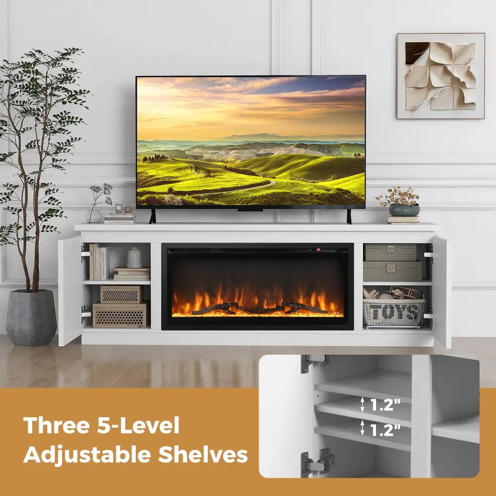 Fireplace TV Stand for TVs up to 80 Inch with 3 Adjustable Shelves-White - White - Entertainment Centers & TV Stands