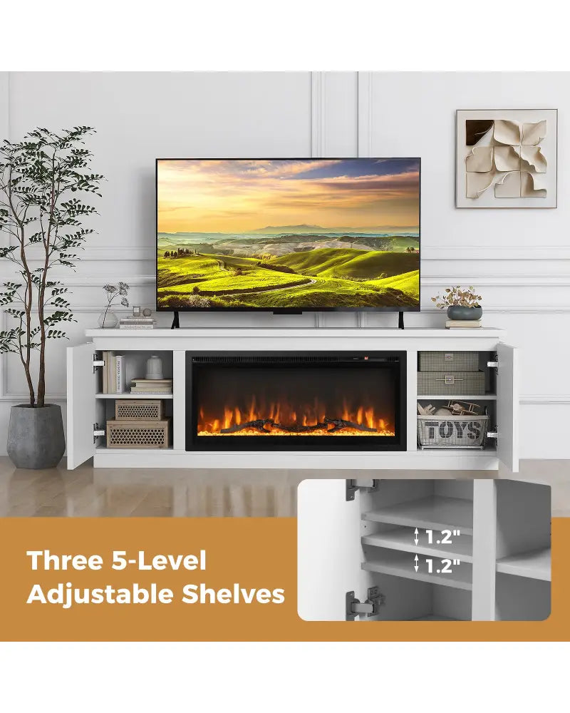 Fireplace TV Stand for TVs up to 80 Inch with 3 Adjustable Shelves-White - White - Entertainment Centers & TV Stands