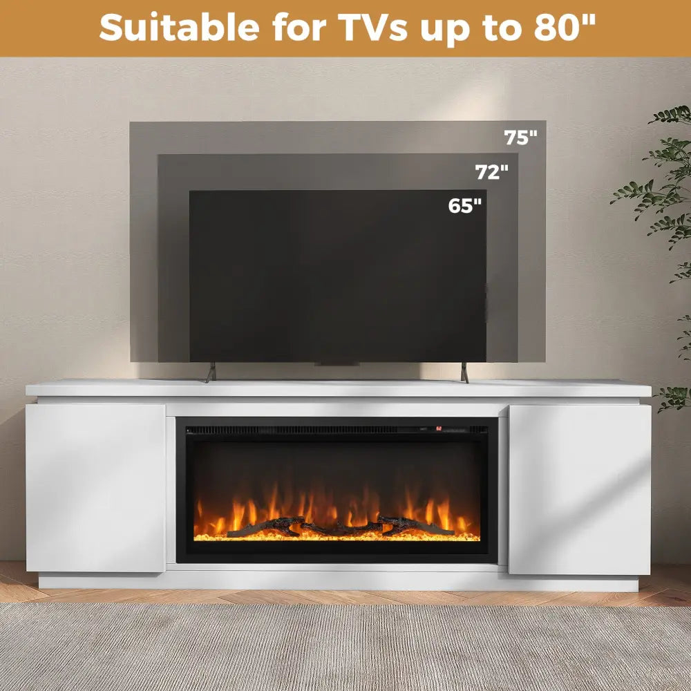 Fireplace TV Stand for TVs up to 80 Inch with 3 Adjustable Shelves-White - White - Entertainment Centers & TV Stands