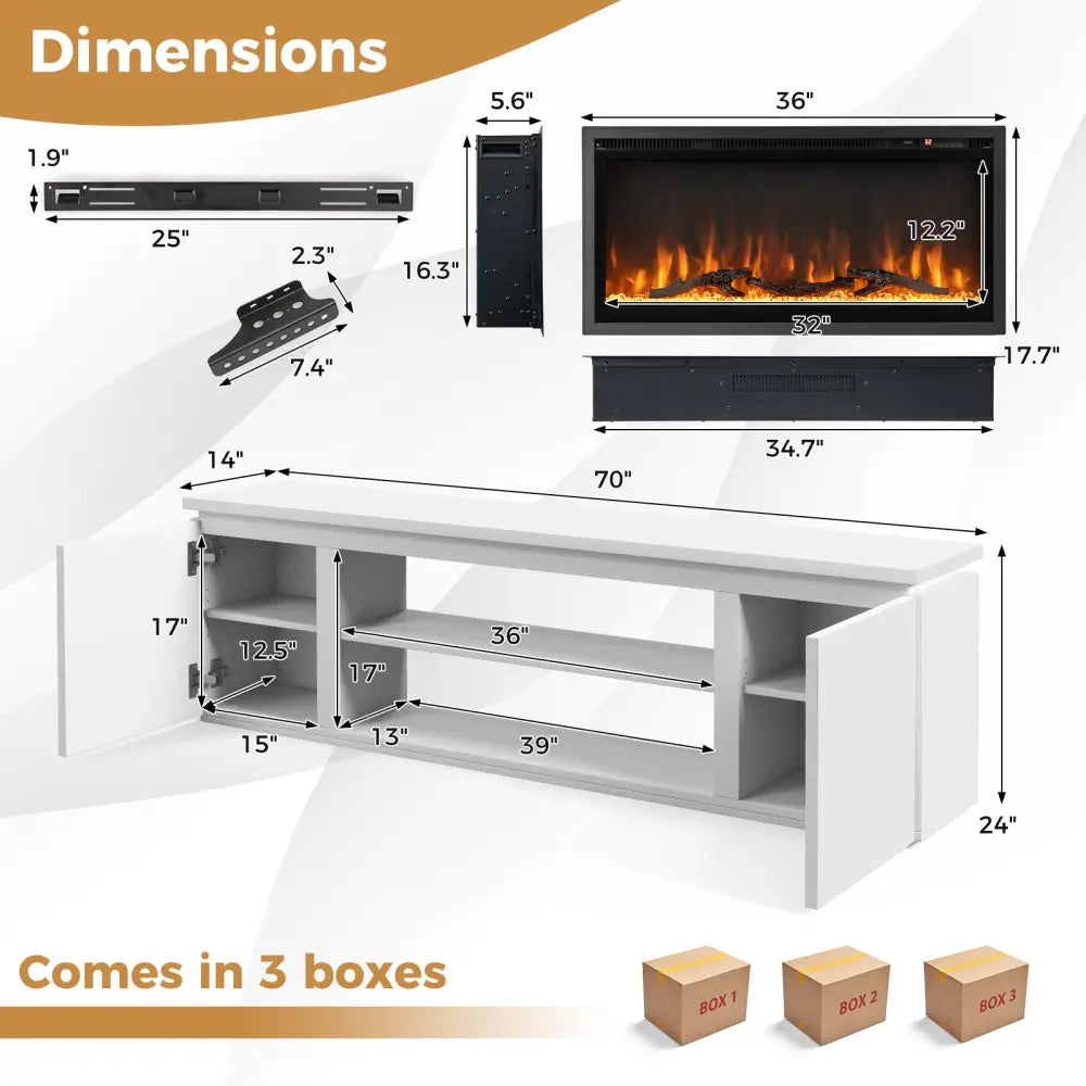 Fireplace TV Stand for TVs up to 80 Inch with 3 Adjustable Shelves-White - White - Entertainment Centers & TV Stands