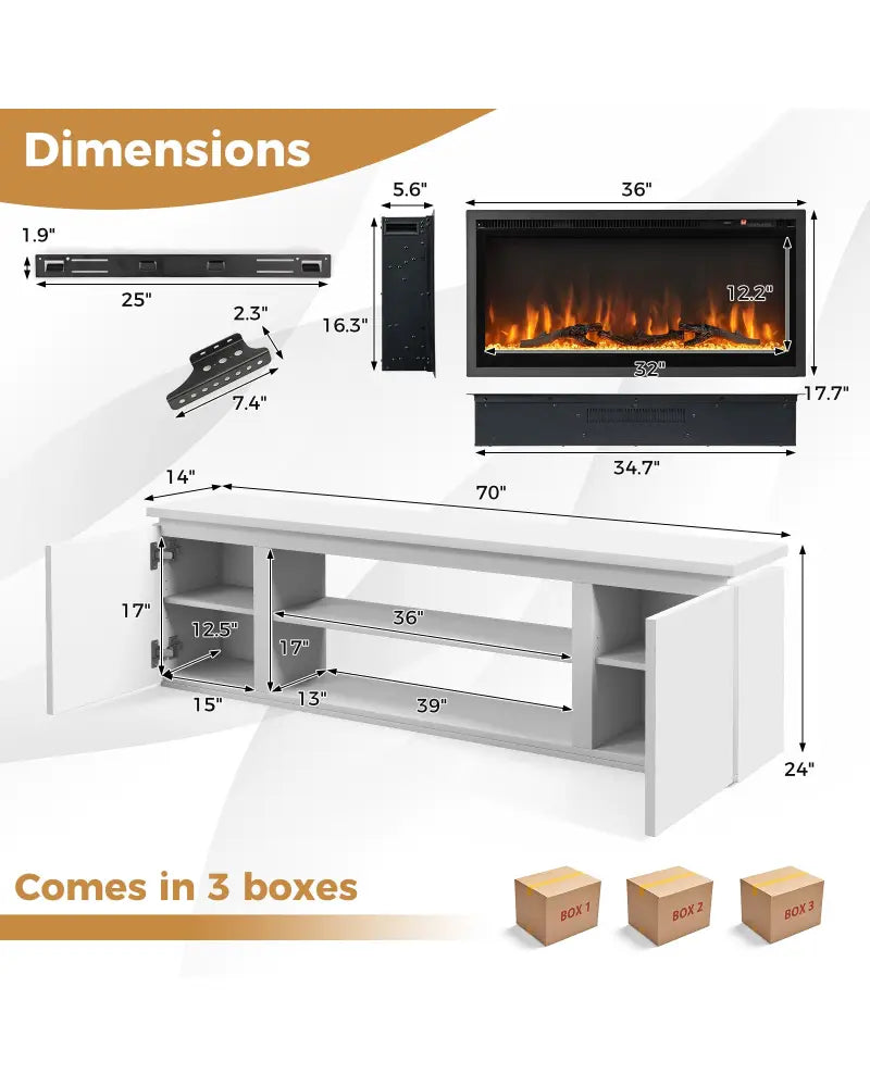 Fireplace TV Stand for TVs up to 80 Inch with 3 Adjustable Shelves-White - White - Entertainment Centers & TV Stands