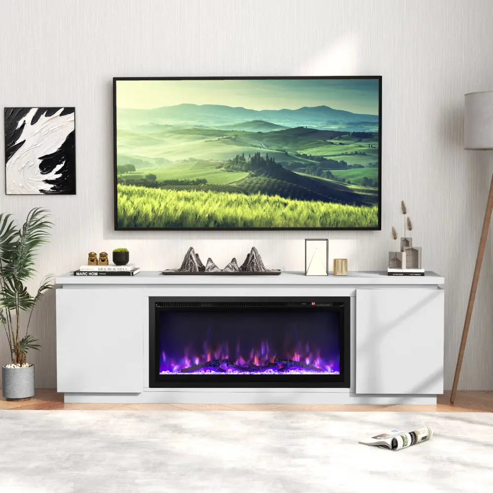 Fireplace TV Stand for TVs up to 80 Inch with 3 Adjustable Shelves-White - White - Entertainment Centers & TV Stands