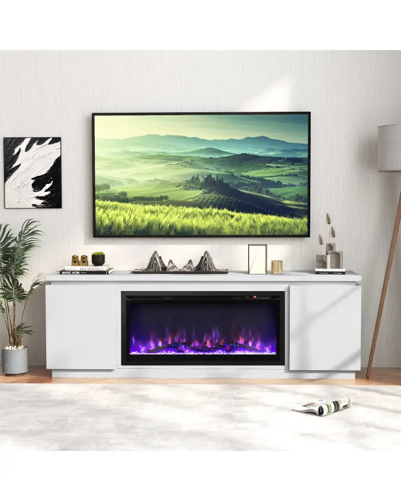 Fireplace TV Stand for TVs up to 80 Inch with 3 Adjustable Shelves-White - White - Entertainment Centers & TV Stands
