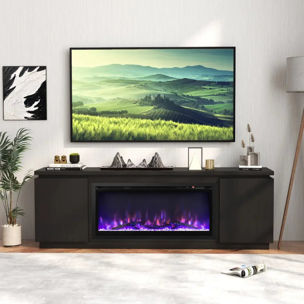 Fireplace TV Stand for TVs up to 80 Inch with 3 Adjustable Shelves-Black - Black - Entertainment Centers & TV Stands