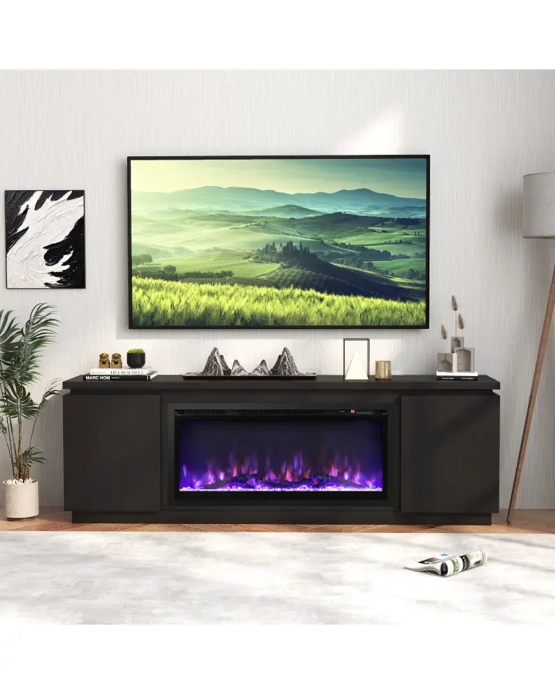 Fireplace TV Stand for TVs up to 80 Inch with 3 Adjustable Shelves-Black - Black - Entertainment Centers & TV Stands