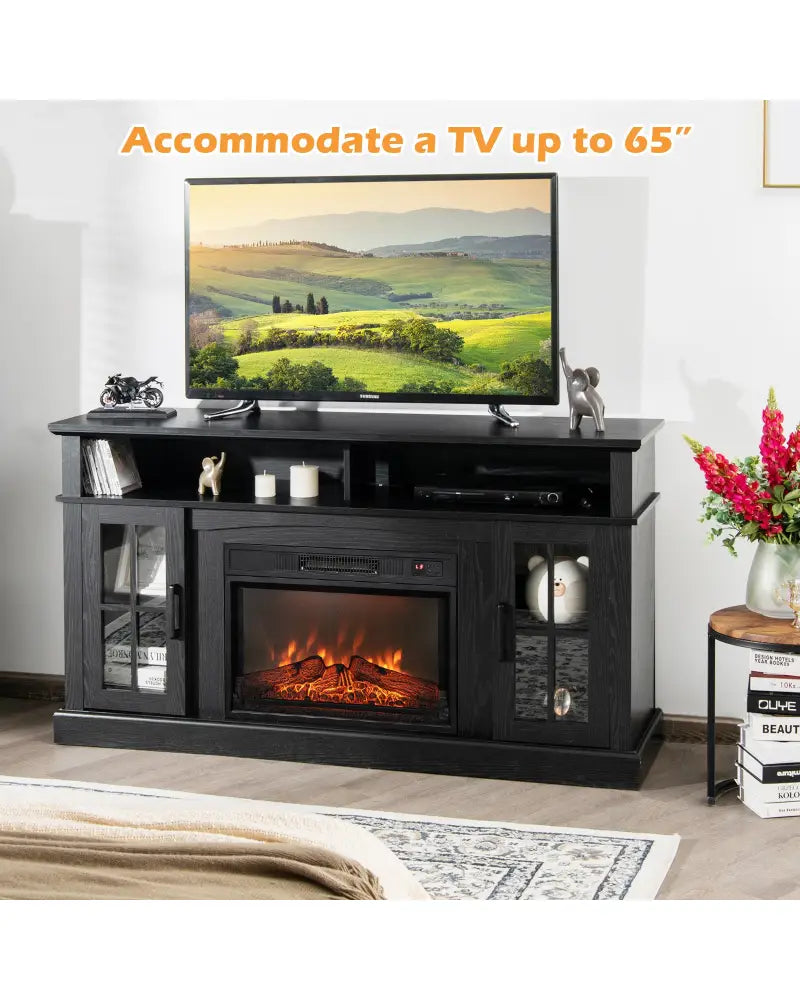 Fireplace TV Stand with 1400W Electric Fireplace-Black - Black - Entertainment Centers & TV Stands