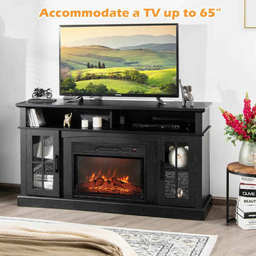Fireplace TV Stand with 1400W Electric Fireplace-Black - Black - Entertainment Centers & TV Stands