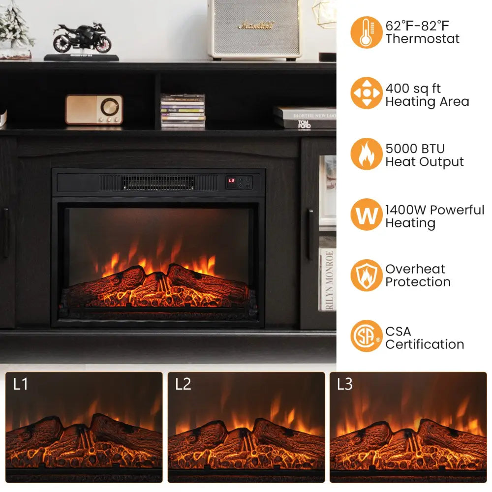 Fireplace TV Stand with 1400W Electric Fireplace-Black - Black - Entertainment Centers & TV Stands