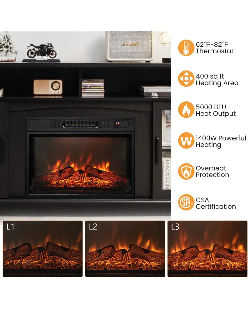 Fireplace TV Stand with 1400W Electric Fireplace-Black - Black - Entertainment Centers & TV Stands