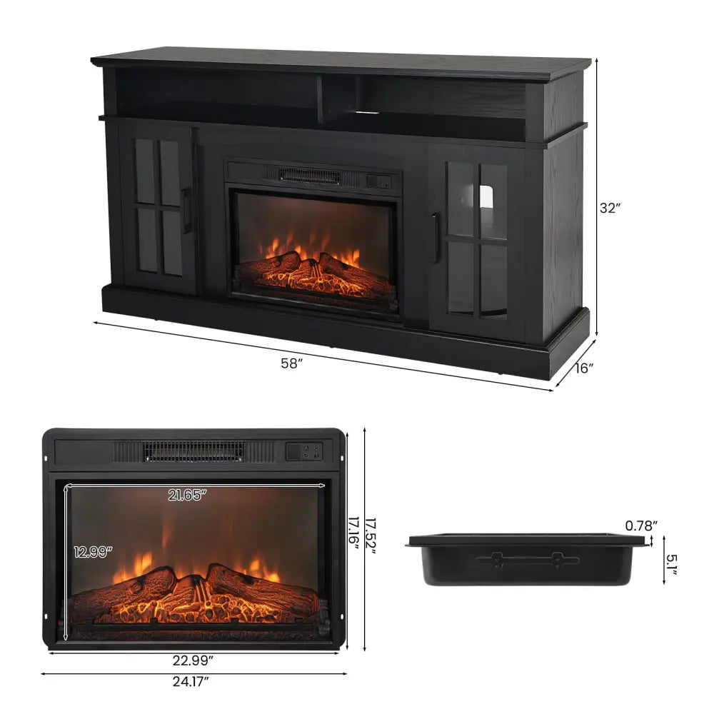 Fireplace TV Stand with 1400W Electric Fireplace-Black - Black - Entertainment Centers & TV Stands