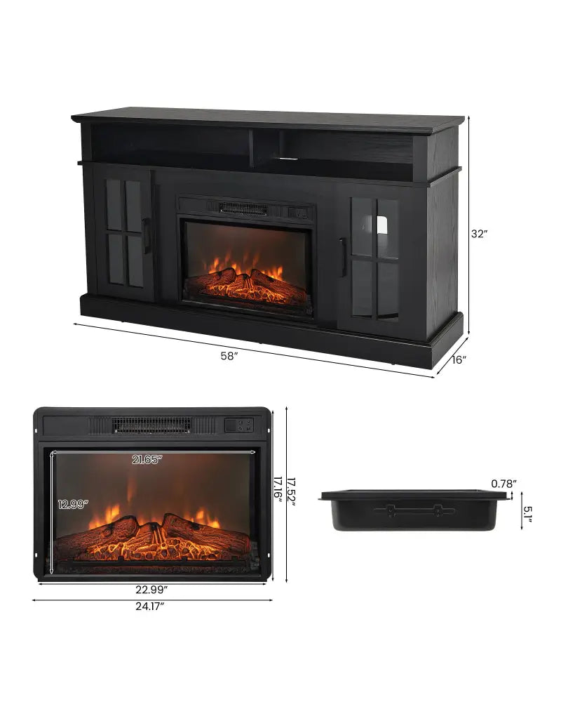 Fireplace TV Stand with 1400W Electric Fireplace-Black - Black - Entertainment Centers & TV Stands