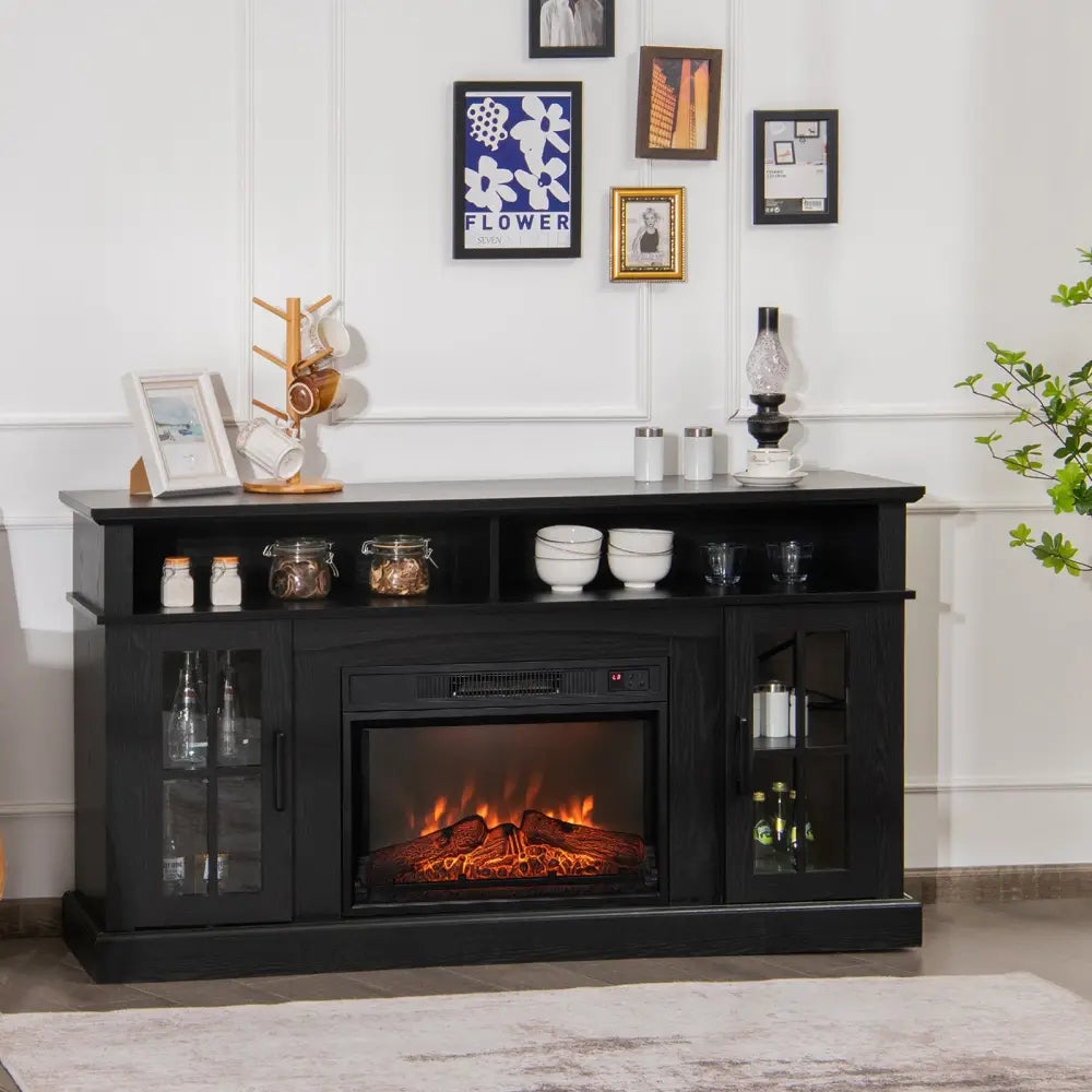 Fireplace TV Stand with 1400W Electric Fireplace-Black - Black - Entertainment Centers & TV Stands