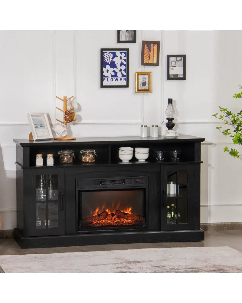 Fireplace TV Stand with 1400W Electric Fireplace-Black - Black - Entertainment Centers & TV Stands