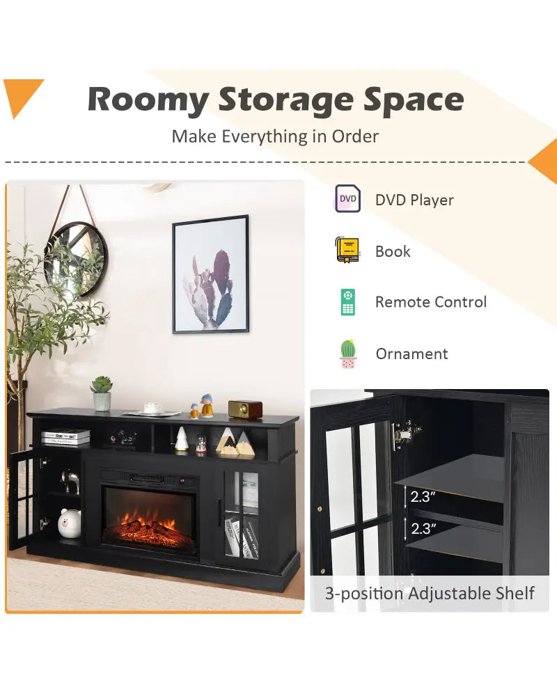 Fireplace TV Stand with 1400W Electric Fireplace-Black - Black - Entertainment Centers & TV Stands