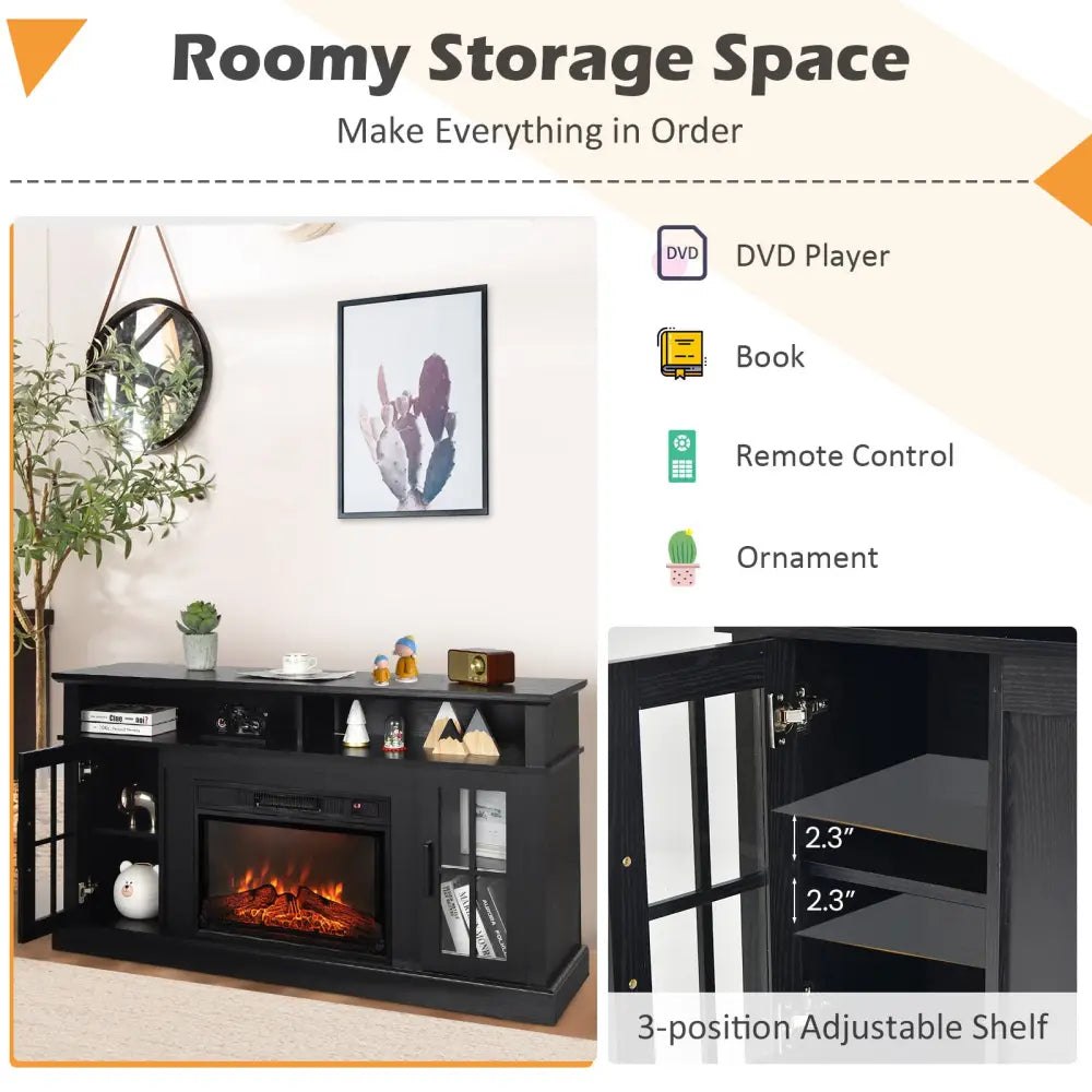 Fireplace TV Stand with 1400W Electric Fireplace-Black - Black - Entertainment Centers & TV Stands