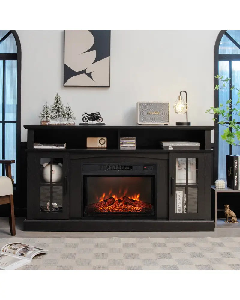 Fireplace TV Stand with 1400W Electric Fireplace-Black - Black - Entertainment Centers & TV Stands